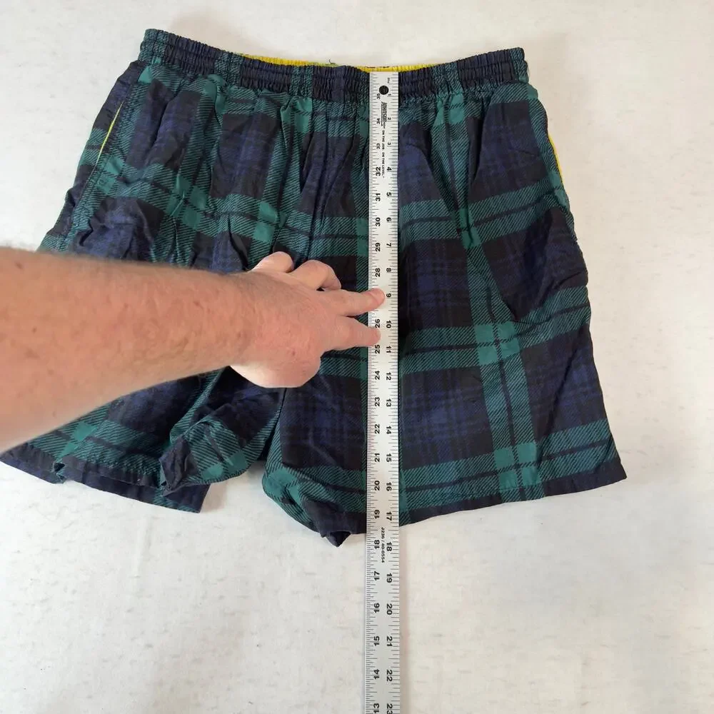 Catalina Men’s Large Swim Trunks Green Plaid Lined Board Shorts Drawstring Waist
